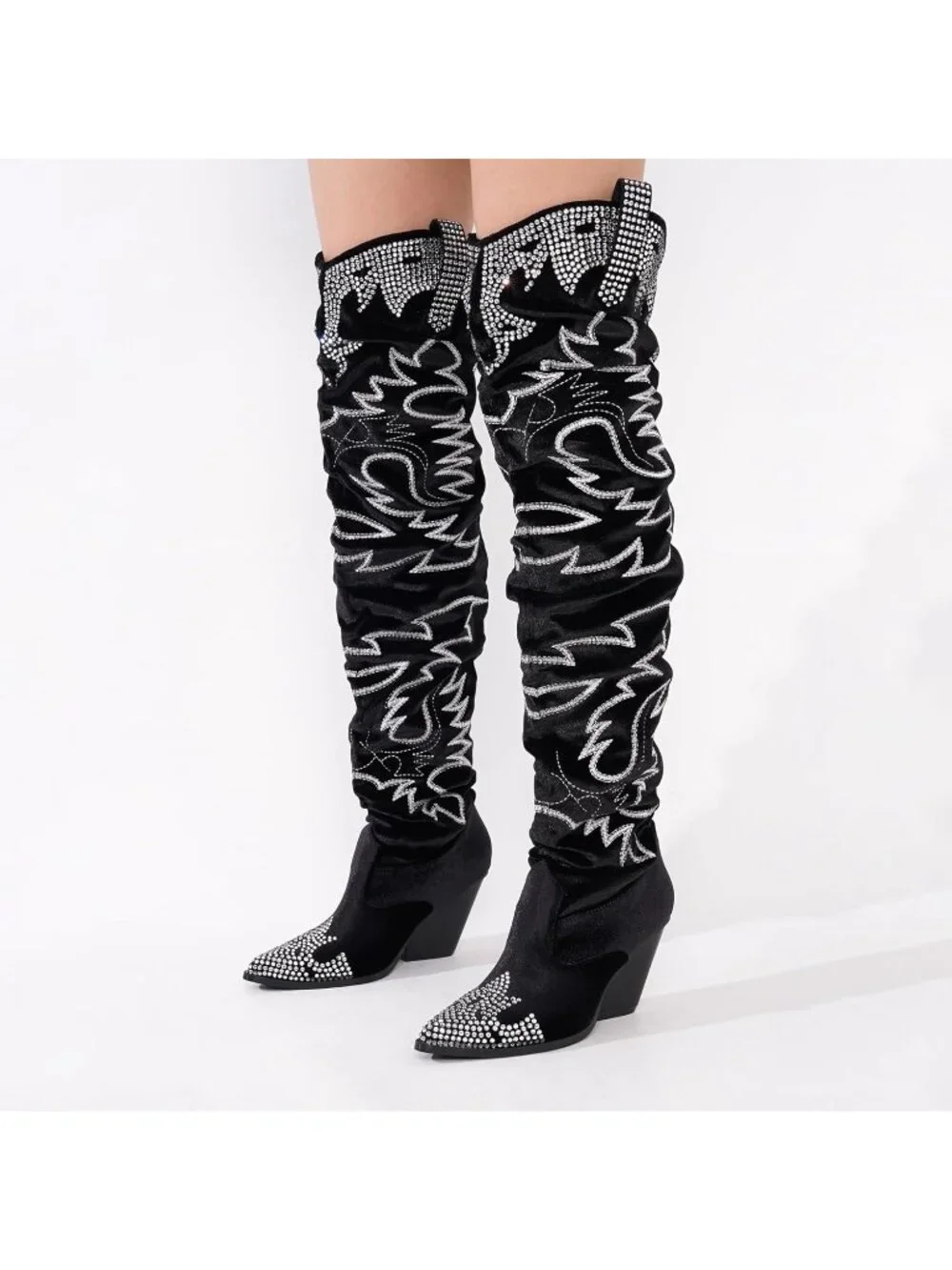 🆕 Women's Black Rhinestone Embroidered Cowboy Wide Calf Over The Knee Boots